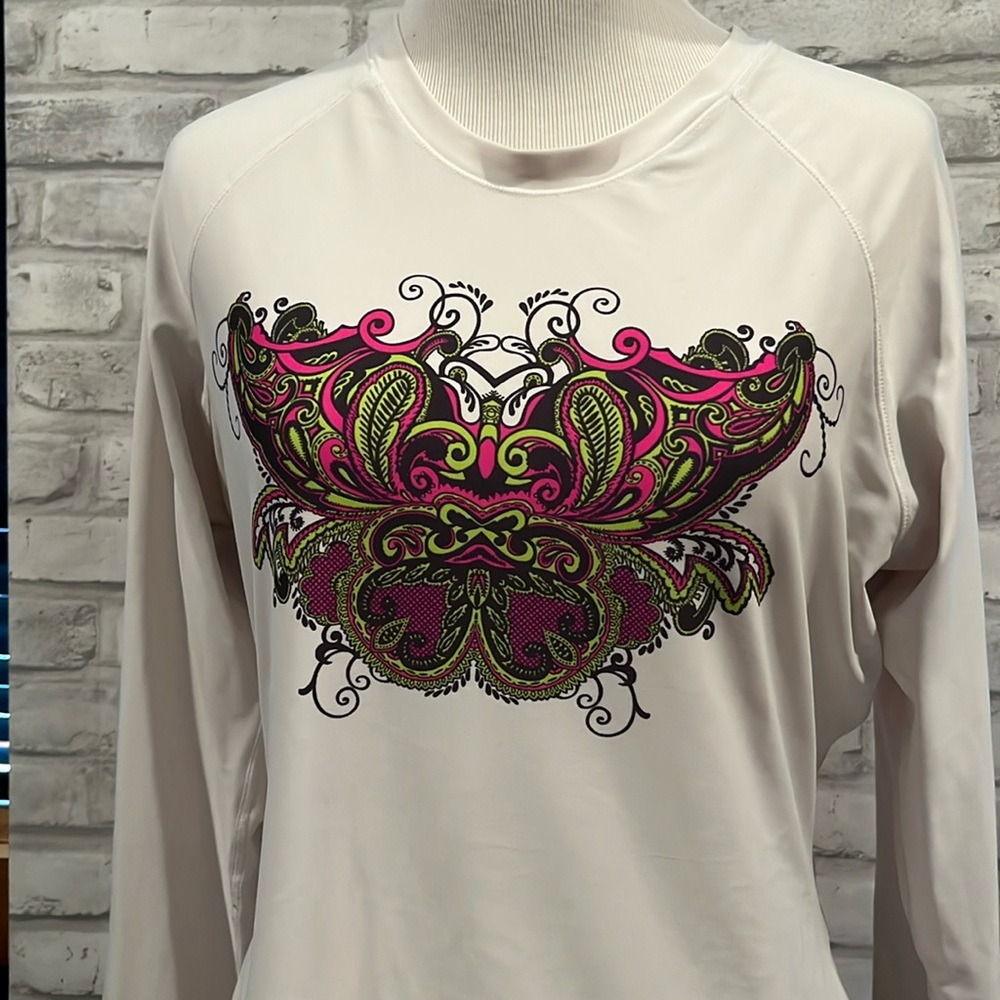 Athleta long sleeve nylon spandex pale gray top butterfly floral design M shirt